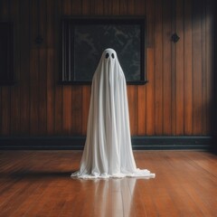 Illustration for Halloween - A ghost dressed in a white costume standing on a wooden floor, in the style of light orange and dark gray. Generative AI