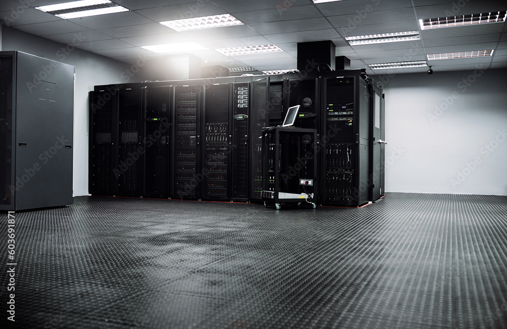 Poster control room, empty or hardware for internet connection, computing network or cyber security system.