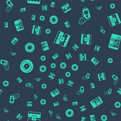 Set Music wave equalizer, Stereo speaker, Vinyl disk and on seamless pattern. Vector