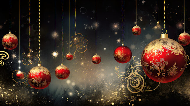 Christmas balls banner. Christmas decoration on abstract dark background. New Year illustration with red and golden baubles. Generative AI