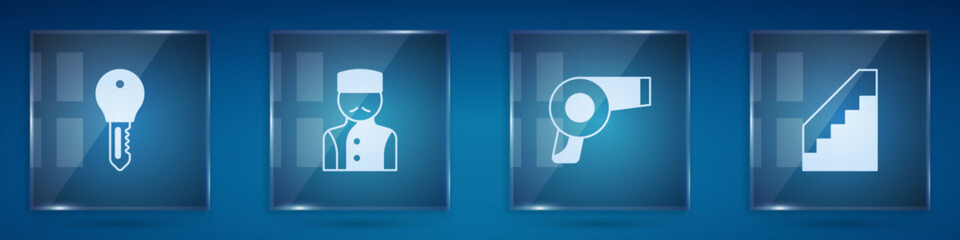 Set Hotel door lock key, Concierge, Hair dryer and Stairs. Square glass panels. Vector