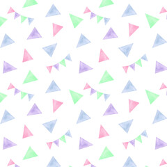 Seamless pattern of multicolored flags. Watercolor illustration. Birthday. Children's room. Decoration.