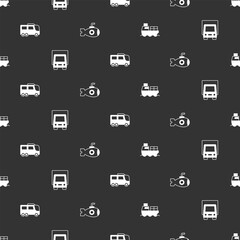 Set Cargo ship with boxes delivery, Delivery cargo truck, Bus and Submarine on seamless pattern. Vector