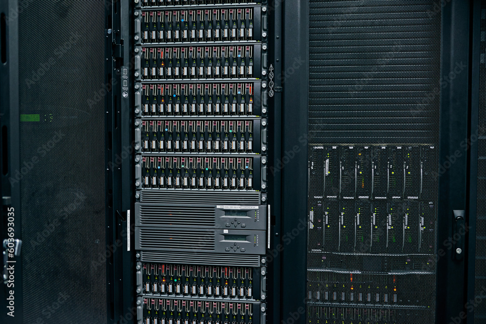 Poster server room, empty or hardware equipment for networking connection, admin servers or cyber security 