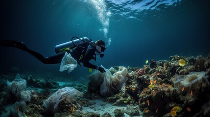 A diver collecting plastic bags from a coral reef