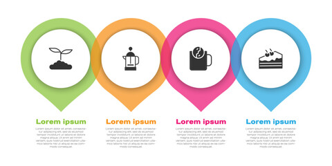 Set Tea leaf, French press, time and Piece of cake. Business infographic template. Vector