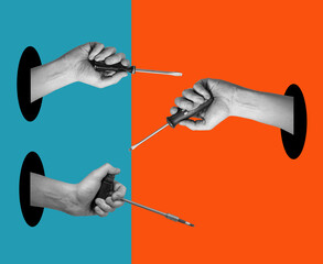 Art collage of hands with tools on a surreal background.