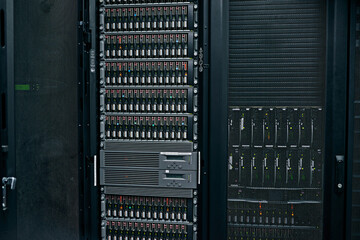 Server room, empty or hardware equipment for networking connection, admin servers or cyber security system. IT support background, information technology electronics or modern machine in data center