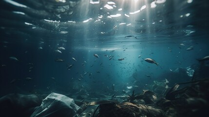A blue ocean with a lot of garbage , generative ai