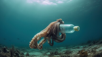 An octopus holding a plastic bottle , generative ai © Anastasia Shkut