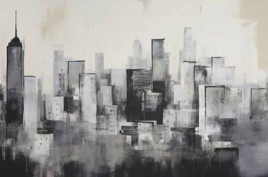 Abstract oil drawing of city skyline panorama in black and white colors. Generative AI.
