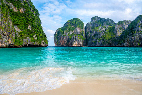 View of famous Maya Bay, Thailand. One of the most popular beach in the world. Ko Phi Phi islands. Beach without people.
