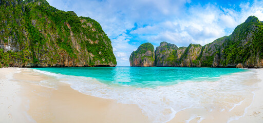 View of famous Maya Bay, Thailand. One of the most popular beach in the world. Ko Phi Phi islands. Beach without people.