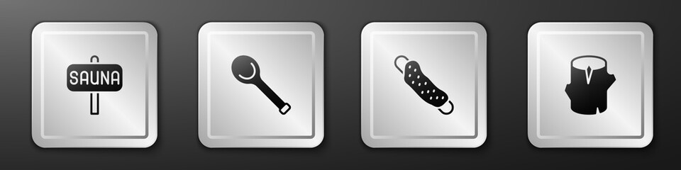 Set Sauna, ladle, Washcloth and Wooden log icon. Silver square button. Vector