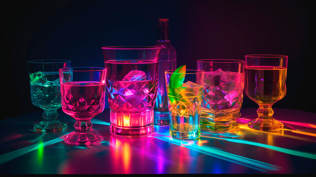 Bright different cocktail glasses. Colored pink blue yellow night club party alcoholic drinks. Cheers holiday restaurant beverage ices wine drinks photo. Generative AI