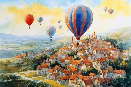 A balloon over a rural town in a blue cloudy sky. Watercolor Generative AI illustration.