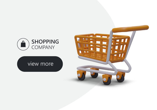 Time to shop. Online store advertising banner. Template with text and button to go to store page. 3D shopping cart is waiting for buyer. Equipment for large purchases