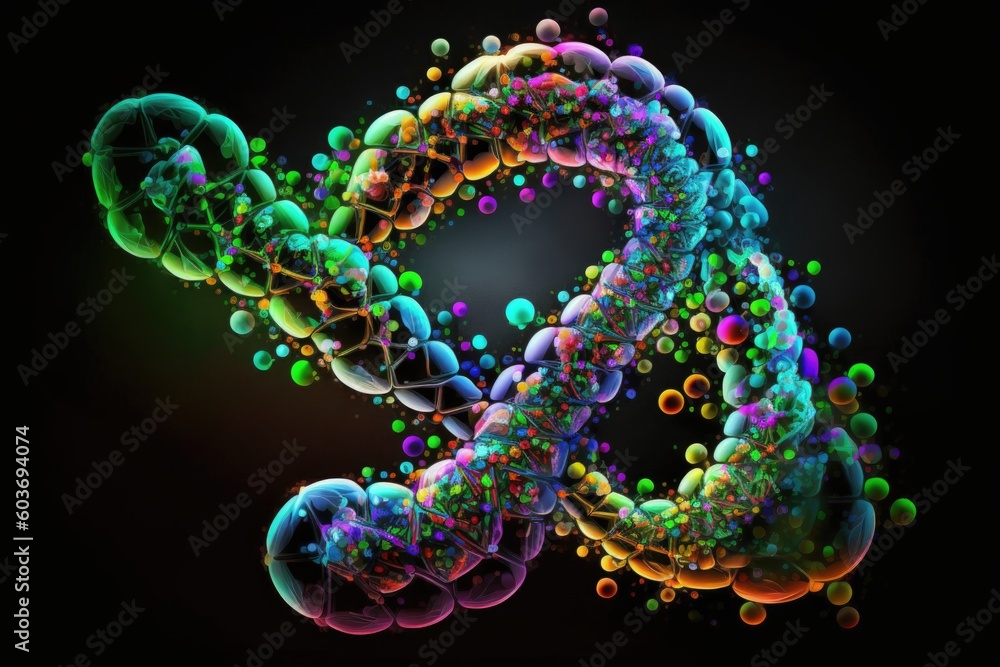 Poster multicolored abstract structure of balls of a worm-shaped luminous molecule on a black background
