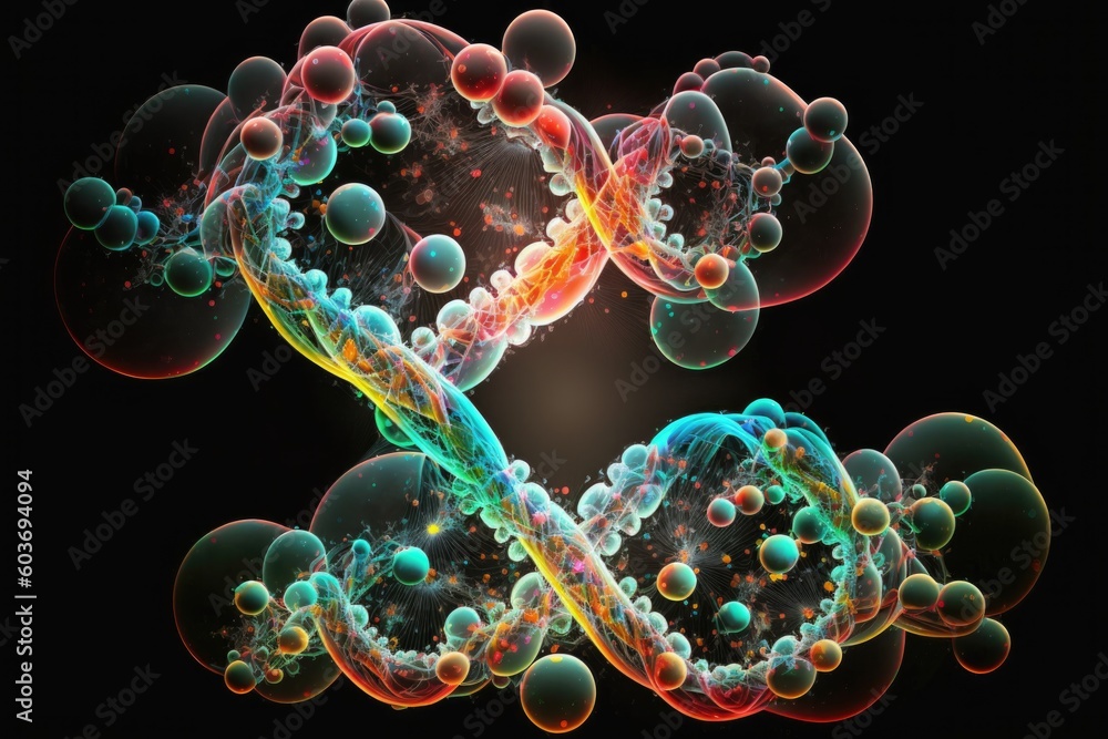 Poster multicolored abstract structure of balls of a twisted luminous molecule on a black background