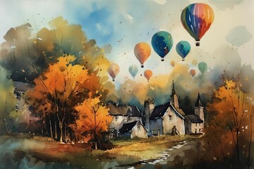 Postcard design with large balloons flying over a rural town. watercolor Generative AI illustration. , posters.