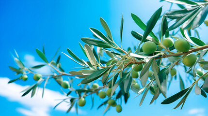 Green olive on branches in orchard. Summer blue sky olive tree unripe fruit Mediterranean culture...