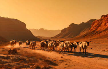 a group of goats walking away from the mountains in an isolated desert