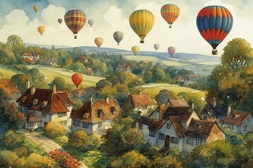 A air balloon is flying over a rural town . Watercolor Generative AI illustration.