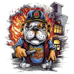 Accountant English Bulldog t-shirt design, a bulldog wearing a firefighter's helmet and holding a hose, standing in front of a burning building, a heroic environment with flames, Generative Ai