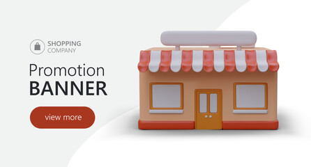 Horizontal banner for online store advertising. Small cartoon shop with traditional bright canopy, front view. Web design with 3D elements, text, button