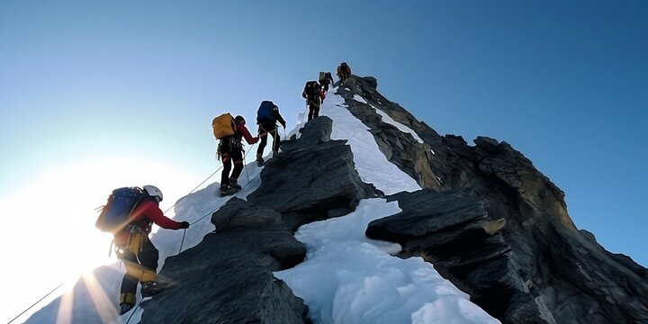 Group of mountain climbers climb the slope to the peak in sunny weather with sledges and tents equipment for overnight stays. AI generative image