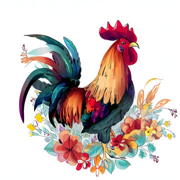 Watercolor Rooster with Vector Floral Embellishments and a Hint of Generative AI