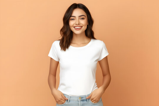 gorgeus woman with white mock up t shirt on orange background ai generated art
