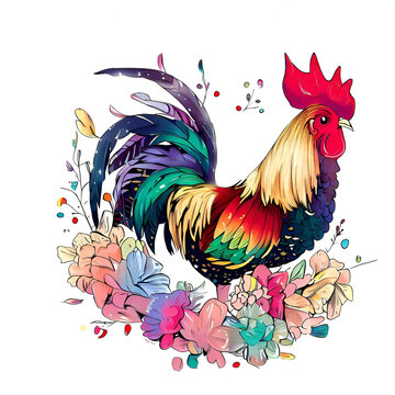 Serene Rooster in a Watercolor Wonderland of Flowers and Vectors, Generative AI