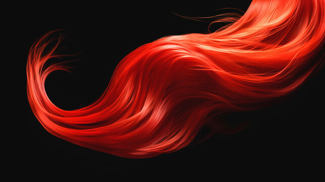 Red hair wavy strand. Isolated on black background. Shiny haircare style shampoo beautiful smooth colored hair close up photo