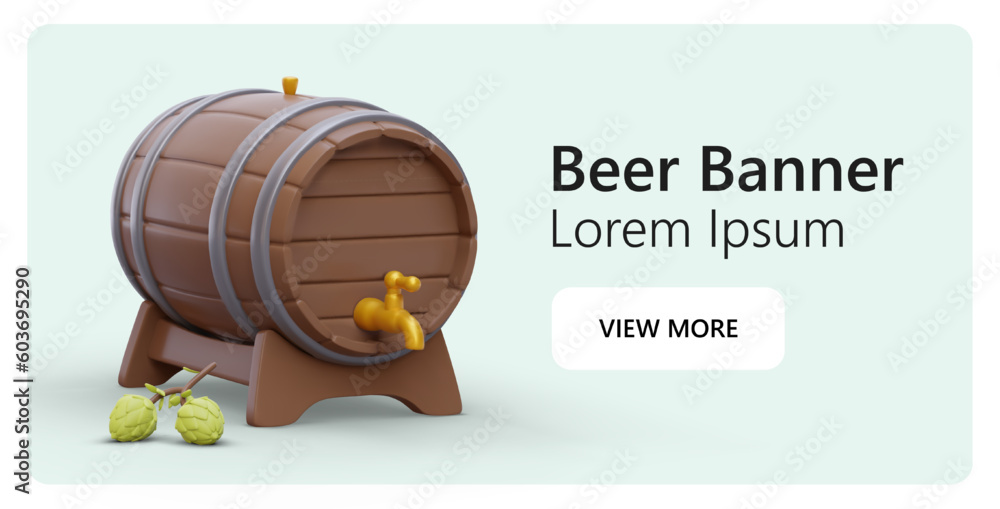 Poster template for top part of web page. horizontal advertising of cask beer. colored 3d elements. wooden 