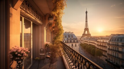 beautiful paris balcony at sunset with eiffel tower view Generative AI - obrazy, fototapety, plakaty