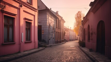 Cozy old street with pink house at the sunny sunrise Generative AI
