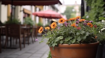 Fototapeta na wymiar Flowerpot with flowers in outdoor cafe Generative AI