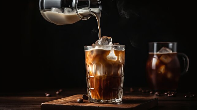 Ice coffee in a tall glass with cream poured over and coffee beans. Cold summer drink on a blue rusty background with copy space Generative AI
