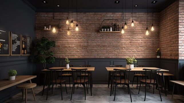 Modern cafe design interior with a brick wall. Loft design Generative AI