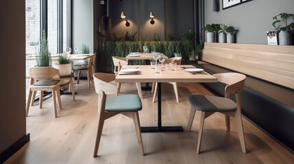 Fototapeta na wymiar Simple and modern interior design of the restaurant. Dining room with wooden table and chairs Generative AI