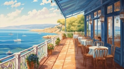 The veranda of the summer cafe on the seashore Generative AI