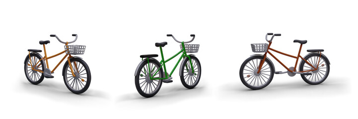 Set of realistic bikes in different colors. 3D bicycles with baskets. Isolated vector image of eco friendly personal vehicles. Illustrations for advertising active lifestyle, rental, sharing