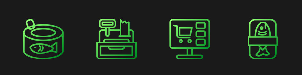 Set line Shopping cart on computer, Canned fish, Cash register machine and Fish plastic tray container. Gradient color icons. Vector