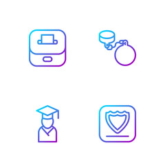 Set line Shield, Graduate and graduation cap, Vote box and Ball chain. Gradient color icons. Vector