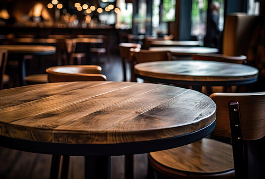 Empty round wooden table and chairs in coffee shop cafe - vintage effect style pictures