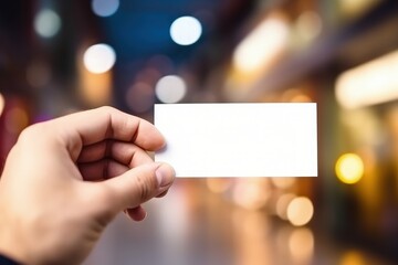 Hand holding white card with space to write, bokeh background, digital illustration. Generative AI