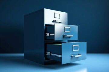 file cabinet, data storage concept, blue background, digital illustration. Generative AI