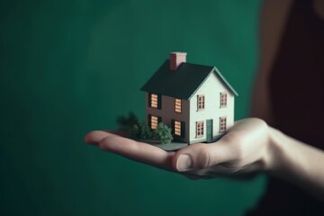 Fototapeta na wymiar Hand holding a house, property and investment concept, green background, digital illustration. Generative AI