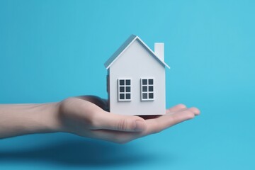 Hand holding a house, property and investment concept, blue background, digital illustration. Generative AI